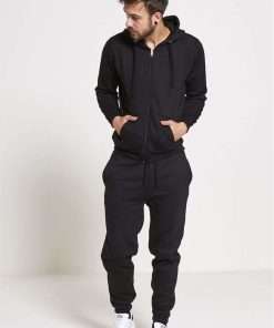 Men's Black Fleece Jogging Pockets Bottom Plain Tracksuits