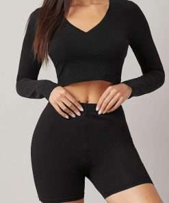 Black women v neck long sleeve crop top