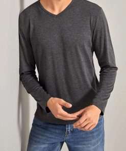 Premium Long Sleeve V-Neck Tee for Men Charcoal