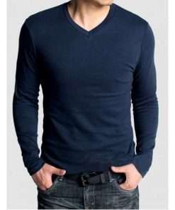 Premium Long Sleeve V-Neck Tee for Men Navy Blue