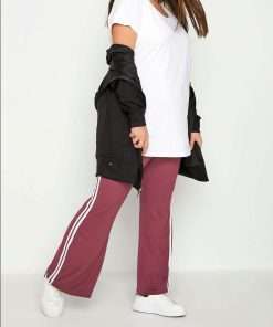 Side Striped High Waist Flared Trousers for Women Wine Red Color