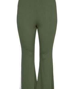 Side Striped High Waist Flared Trousers for Women Green Khaki Color