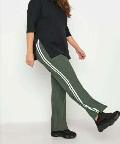 Side Striped High Waist Flared Trousers for Women Green Khaki Color