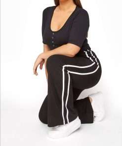 Side Striped High Waist Flared Trousers for Women Black Color