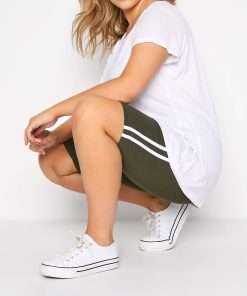 Comfy Tees with Double Stripe Semi-Long Cycling Shorts Set for Women Khaki