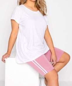 Comfy Tees with Double Stripe Semi-Long Cycling Shorts Set for Women Pink