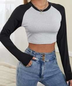 Grey & Black Contrast Raglan Full Sleeve Crop Top Tee for Women