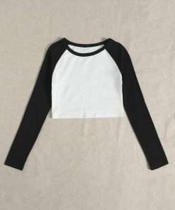 Black & White Contrast Raglan Full Sleeve Crop Top Tee for Women