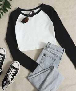 Contrast Raglan Full Sleeve Crop Top Tee for Girls Black