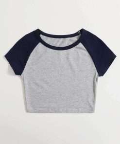 Grey Colour Raglan Half Sleeve Crop Top Tee For Women