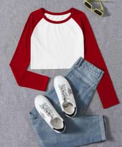 Contrast Raglan Full Sleeve Crop Top Tee for Girls Red