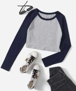 Contrast Raglan Full Sleeve Crop Top Girls Tee