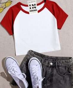 Red Colour Raglan Half Sleeve Crop Top Tee For Girls