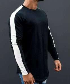 Side White Striped Round Edges Raglan Long Sleeve T-Shirt for Men