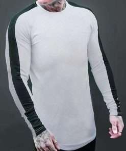 Side Black Striped Round Edges Raglan Long Sleeve T-Shirt for Men
