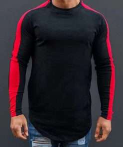 Side Red Striped Round Edges Raglan Long Sleeve T-Shirt for Men