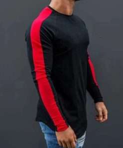 Side Red Striped Round Edges Raglan Long Sleeve T-Shirt for Men