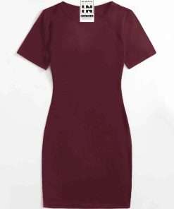 Short Sleeve Solid Bodycon Dress for Women Maroon