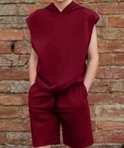 Boys Solid Hooded Top & Shorts Set maroon