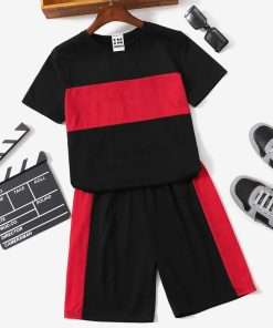 Boy's Contrasted Tee & Shorts Set Red