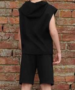 Boys Solid Hooded Top & Shorts Set black
