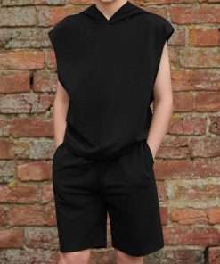 Boys Solid Hooded Top & Shorts Set black