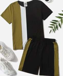 Boy's Colour Block T-Shirt & Shorts Khaki