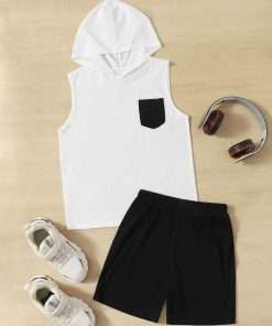 Boys Patched Pocket Hooded Top & Shorts Set
