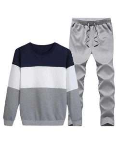 Grey Melange Tracksuit with Navy Blue & White Stripe