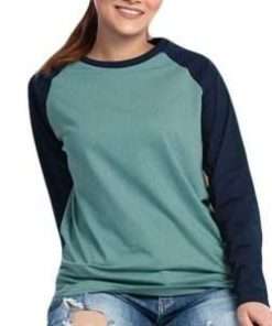 Navy and Pest Colour Long Sleeve Raglan T-Shirt For Ladies