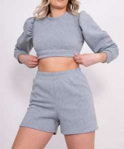 Grey Puff Sleeve Cropped Top And Short Lounge Set