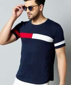 Men’s 100% Cotton T-Shirt Navy Blue, Red & White Striped