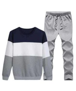 Grey Melange Tracksuit with Navy Blue & White Stripe